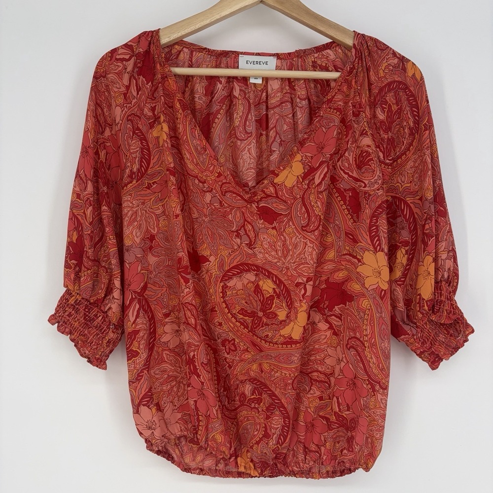 Evereve‎ Blouse Women's XS Pink Floral Paisley Boho Puff Sleeve Feminine Summer